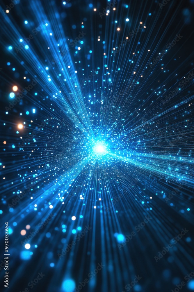 Poster abstract blue background with radiant light rays and sparkling particles creating a stunning starbur