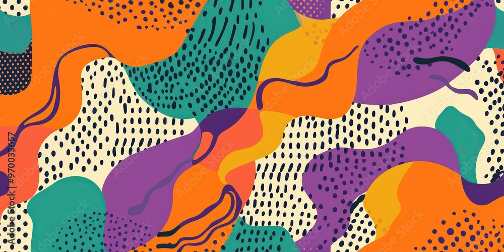 Poster abstract memphis-inspired pattern with vibrant colors and dynamic shapes.