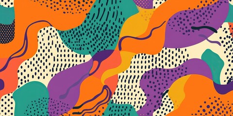 Abstract memphis-inspired pattern with vibrant colors and dynamic shapes.