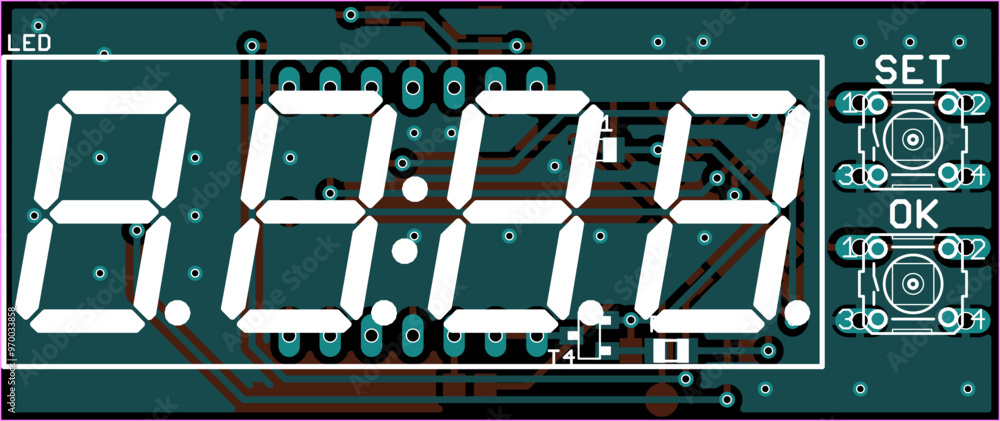 Poster vector printed circuit board of electronic device (digital clock) with components of radio elements,