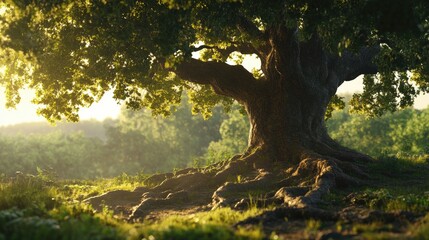 Fototapeta premium Majestic Oak Tree Roots In Sunlight.