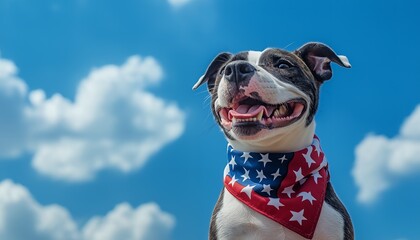 A happy dog with a patriotic bandana looks up at the sky.