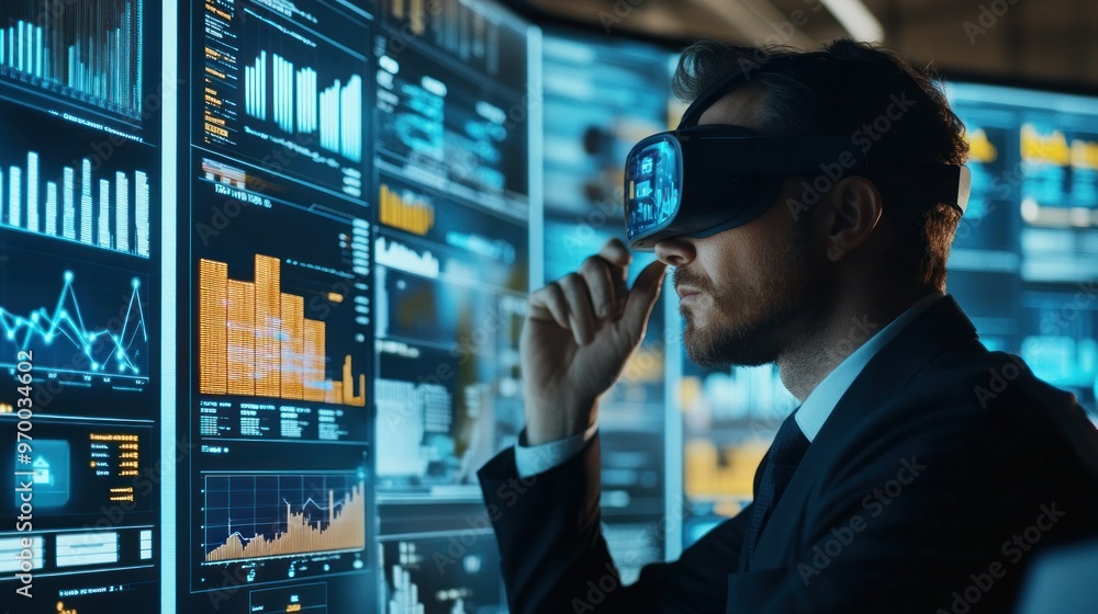 Poster man in vr headset analyzing data on screens