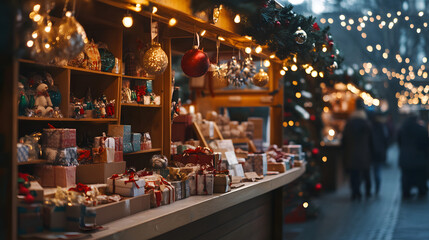A Christmas market stall filled with handmade crafts and small wrapped gifts twinkling lights overhead.