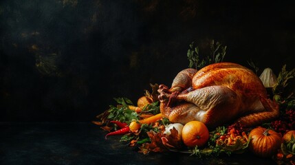 Thanksgiving's roasted turkey, surrounded by autumn vegetables, rests on a dark background.