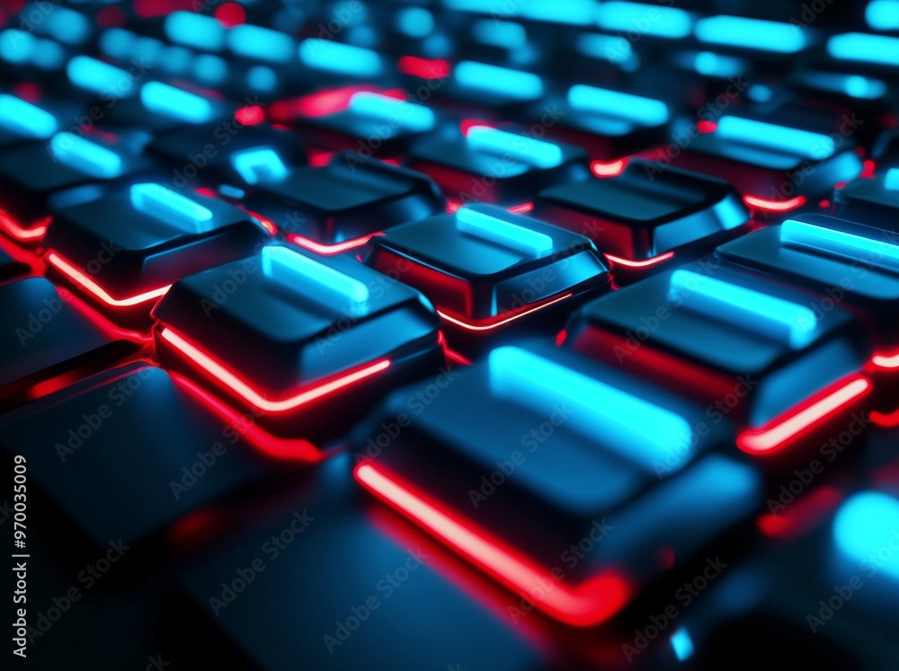 Poster futuristic digital landscape with glowing blue and red circuit patterns in a dark environment