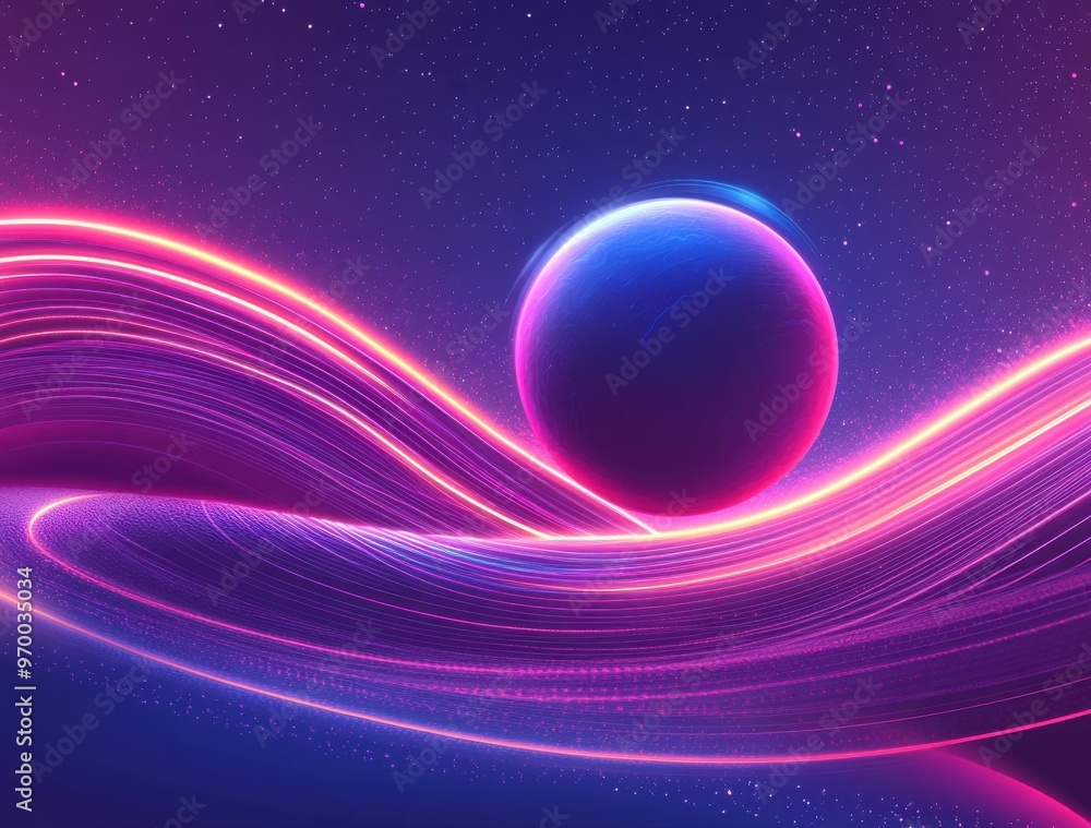 Poster abstract futuristic background with glowing neon waves and luminous sphere in cosmic space setting