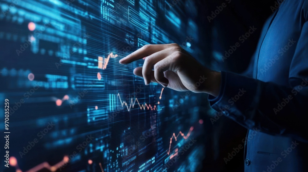 Poster person interacting with a data visualization screen