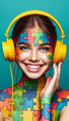 Colorful Puzzle of Support: Children with Headphones, Hearts, and Puzzle Pieces for Neurodiverse Conditions