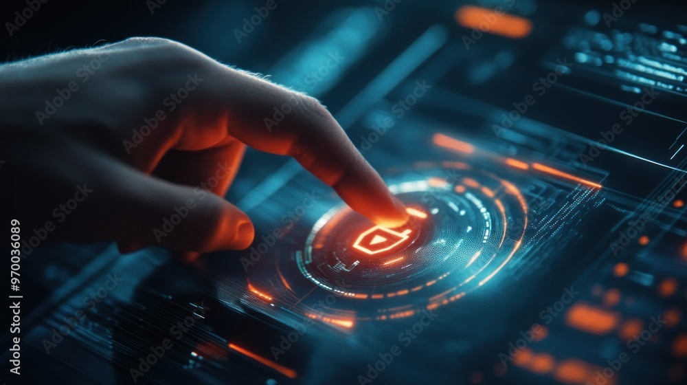 Poster fingertip activating a digital security lock icon on a futuristic interface
