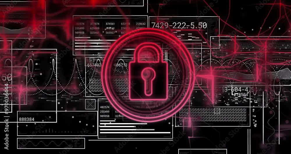Poster animation of padlock and digital data processing over black background