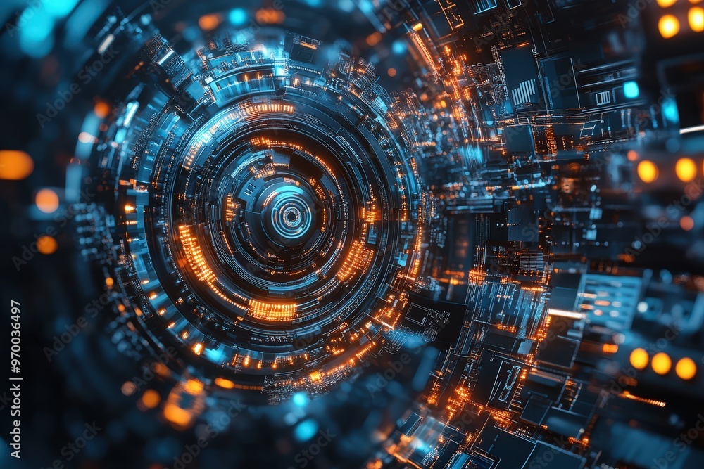Poster futuristic cybernetic circuitry with dynamic lighting.