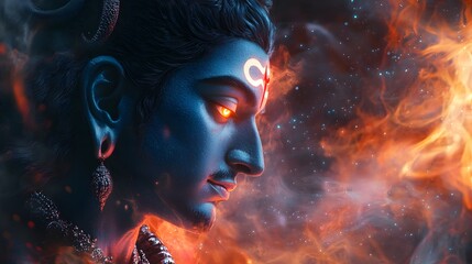 Blue God with Fiery Background.