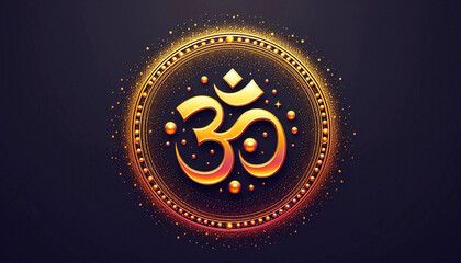Indian Hinduism religious symbol golden text Om, aum, or oim meaning adoration to Hindu god, black background