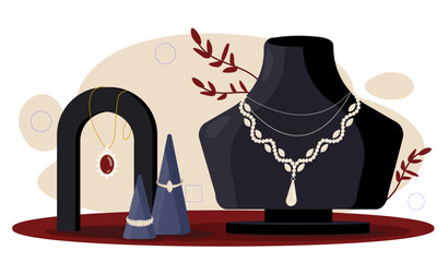 Jewelry at dummy. Gold chains and necklaces with rubies and diamonds. Aesthetics and elegance. Stylish and luxurious expensive accessory. Flat vector illustration isolated on white background