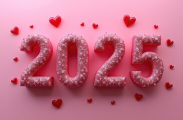 New Year 2025. festive realistic decoration elegant number with hearts on pink background for Celebrate 2025 party, calender and poster