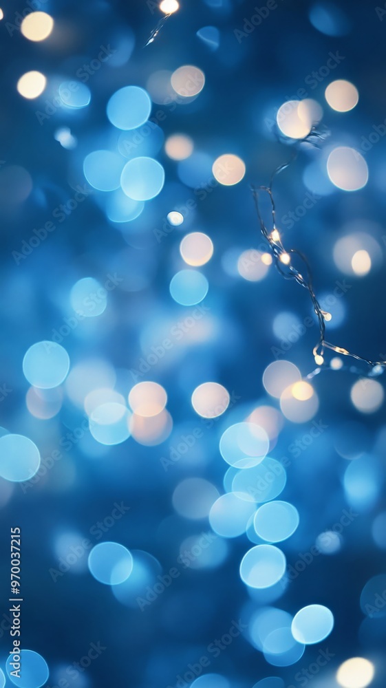 Poster blurred blue bokeh lights with fairy string, abstract background