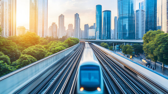 A city skyline with solar-powered high-speed trains running on elevated tracks.