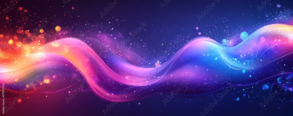 Poster abstract purple background with wavy lines and glowing particles creating a vibrant and dynamic visu