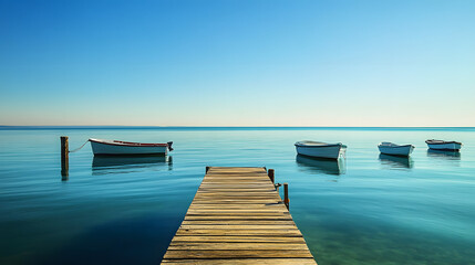 Fototapeta premium A serene ocean view from a peaceful dock with boats gently bobbing on the calm water under a clear blue sky.