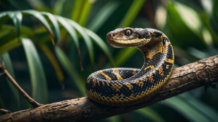 Obraz premium Striking snake coiled on a branch with vibrant leaves in a lush jungle habitat