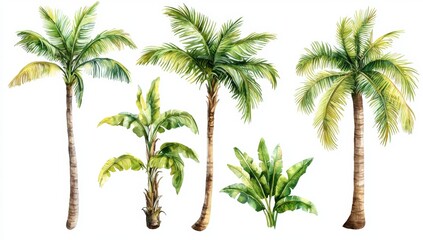 Obraz premium The tropical palm tree set consists of a tropical green branch and palm isolated on a white background. This illustration represents the botanical design of the palm tree.