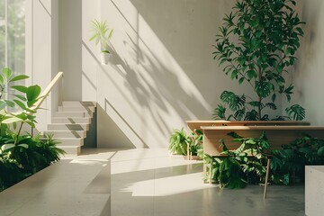 A minimalist office with wooden desks and green plants. Light gray walls and a staircase leading to the second floor create a clean, modern look.
