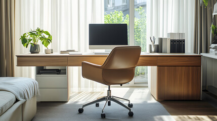 A sleek home office with a large desk and ergonomic chair.