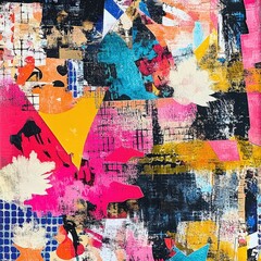 Fototapeta premium Contemporary abstract collage pattern with vibrant colors and textures.