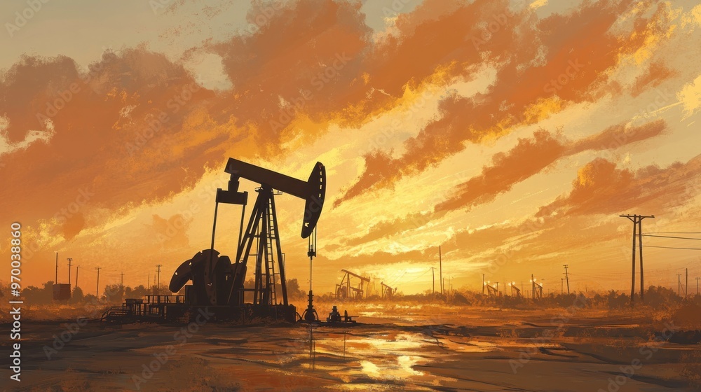 Sticker Silhouette of an oil pump jack at sunset with a golden sky