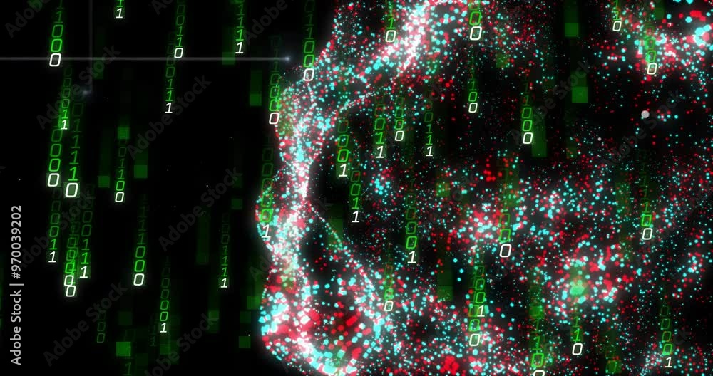 Poster animation of digital data processing binary coding over floating mesh on black background