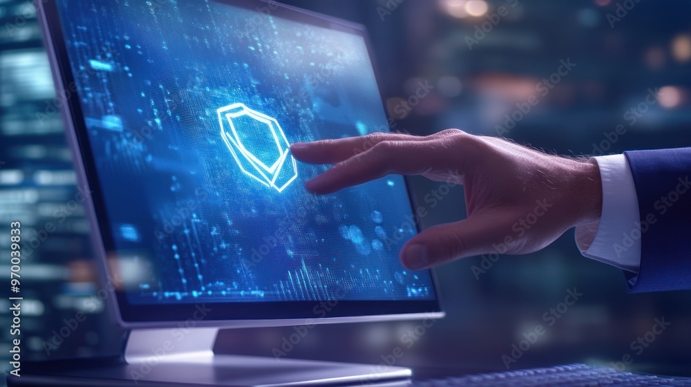 Poster hand interacting with digital shield on computer screen