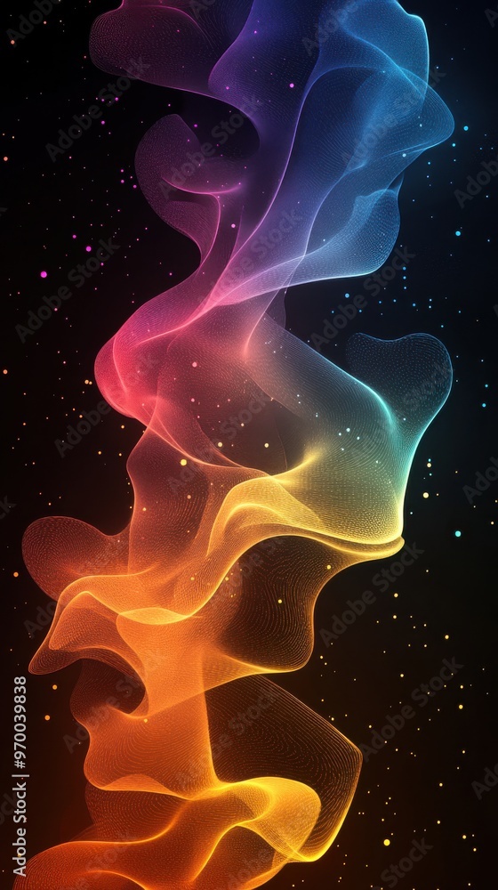 Poster vibrant abstract colorful background with flowing waves and sparkling particles in dark space, perfe