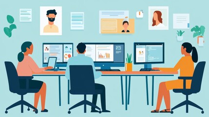 Virtual meetings connect office workers remotely for project discussions. Teams collaborate online via video conferencing, enabling seamless virtual work.