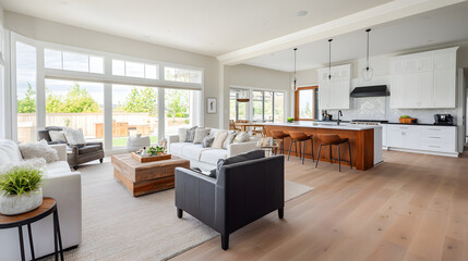 A spacious living area with an open floor plan and modern decor.