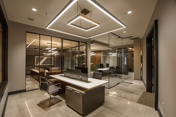 Stylish contemporary office with floating desks, geometric lighting fixtures, and glass partitions. Clean lines and an open layout for a modern feel.