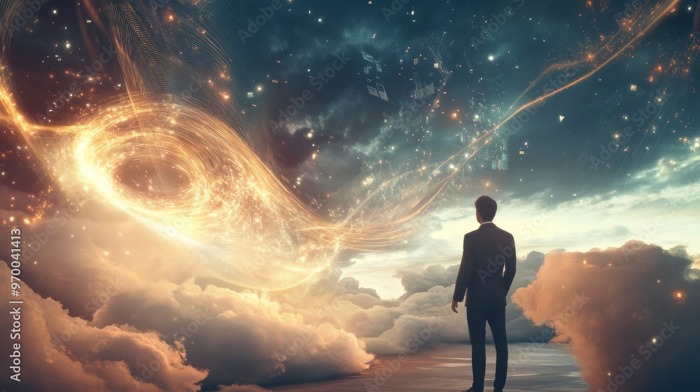 Poster a man gazing at a spiraling nebula of light and data in a cloudy sky