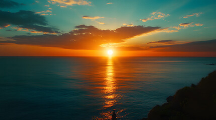 Fototapeta premium A stunning ocean view from a hilltop temple with the sun setting over the calm sea and the sky ablaze with color.