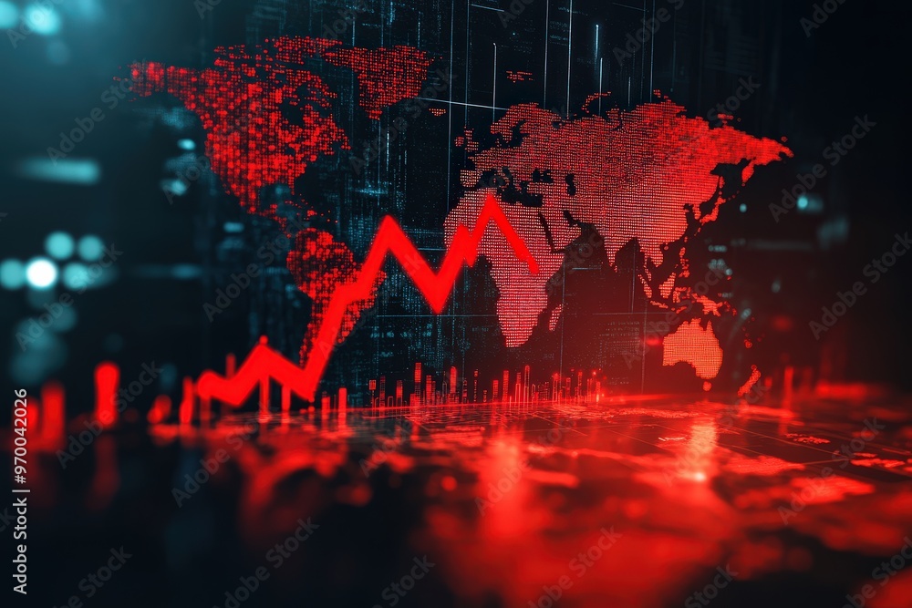 Poster dramatic world map overlay with dynamic red financial graphs for global market analysis and trends.