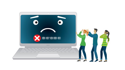 Cyber attack or operation crash by mistake, software update, server down, group of people who are terrified looking at laptop outage, error, failure in organization about security. Vector illustration