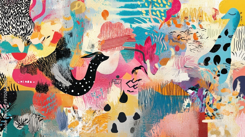 Poster vibrant abstract collage with dynamic patterns and colorful elements.