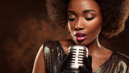Portrait of a african-American woman jazz singer singing with an antique microphone