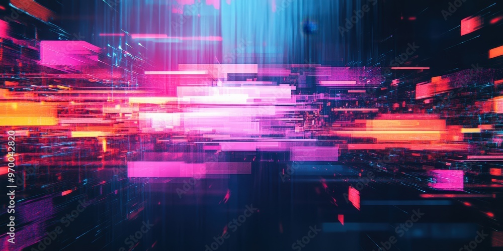 Poster dynamic digital glitch pattern with distorted geometric shapes and vibrant colors.