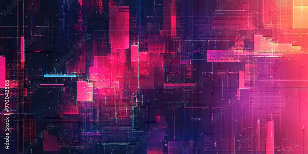 Poster vibrant digital glitch pattern with distorted abstract design.