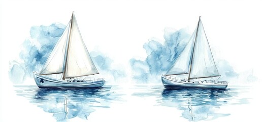 Seagulls and yacht in the sea. Colorful watercolour illustration, background, wallpaper.