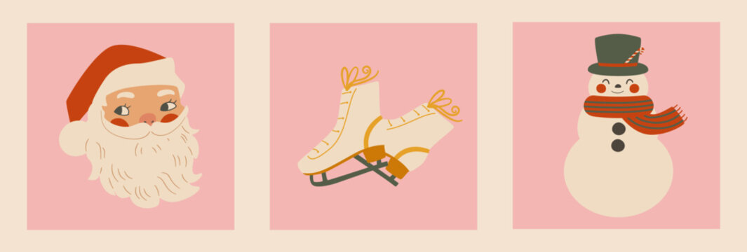 
Retro holiday cards. Set of vintage christmas illustration: santa claus, ice skates, snowman.