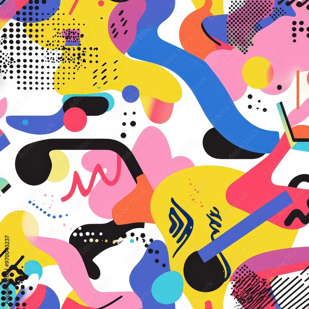 Poster colorful memphis design pattern with abstract shapes and bold colors.