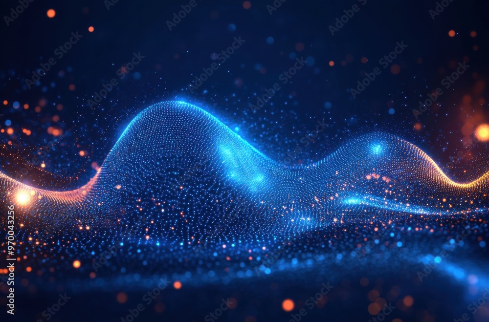 Poster abstract digital landscape with glowing lines and dots on a blue background creating a mesmerizing w
