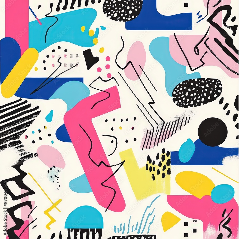 Poster colorful memphis design pattern with abstract geometric shapes for creative projects.
