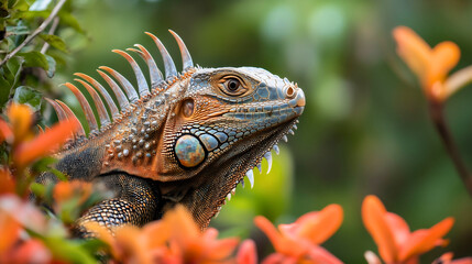 Fototapeta premium colorful iguana lizard reptile dragon closeup in tropical wildlife animal in nature, a beautiful exotic species with green skin and eye in jungle outdoor habitat